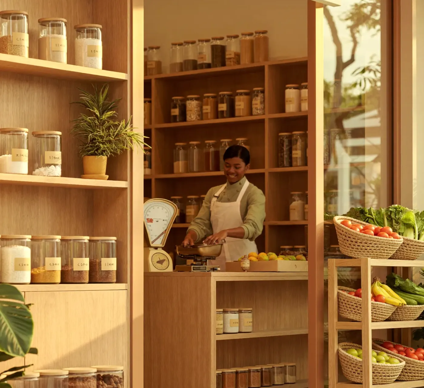 Shopkeeper at a well-stocked kirana counter